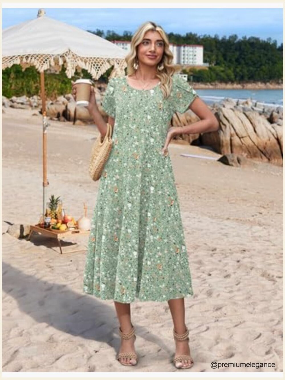 Loose Fit Midi Dress with Petal Sleeves, A-Line Flare, Two Pockets - Picture 4 of 7